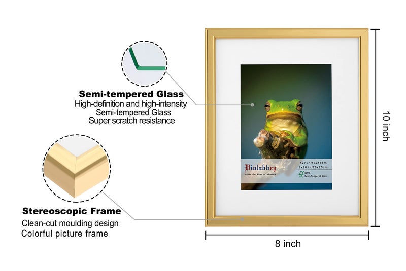 VIOLABBEY 8x10 Picture Frames Set of 4, Fits 5x7 Pictures with Ivory Mat or 8x10 Without Mat, Vertical or Horizontal for Wall or Tabletop Display, Semi Tempered Glass, Light Gold - Image 3